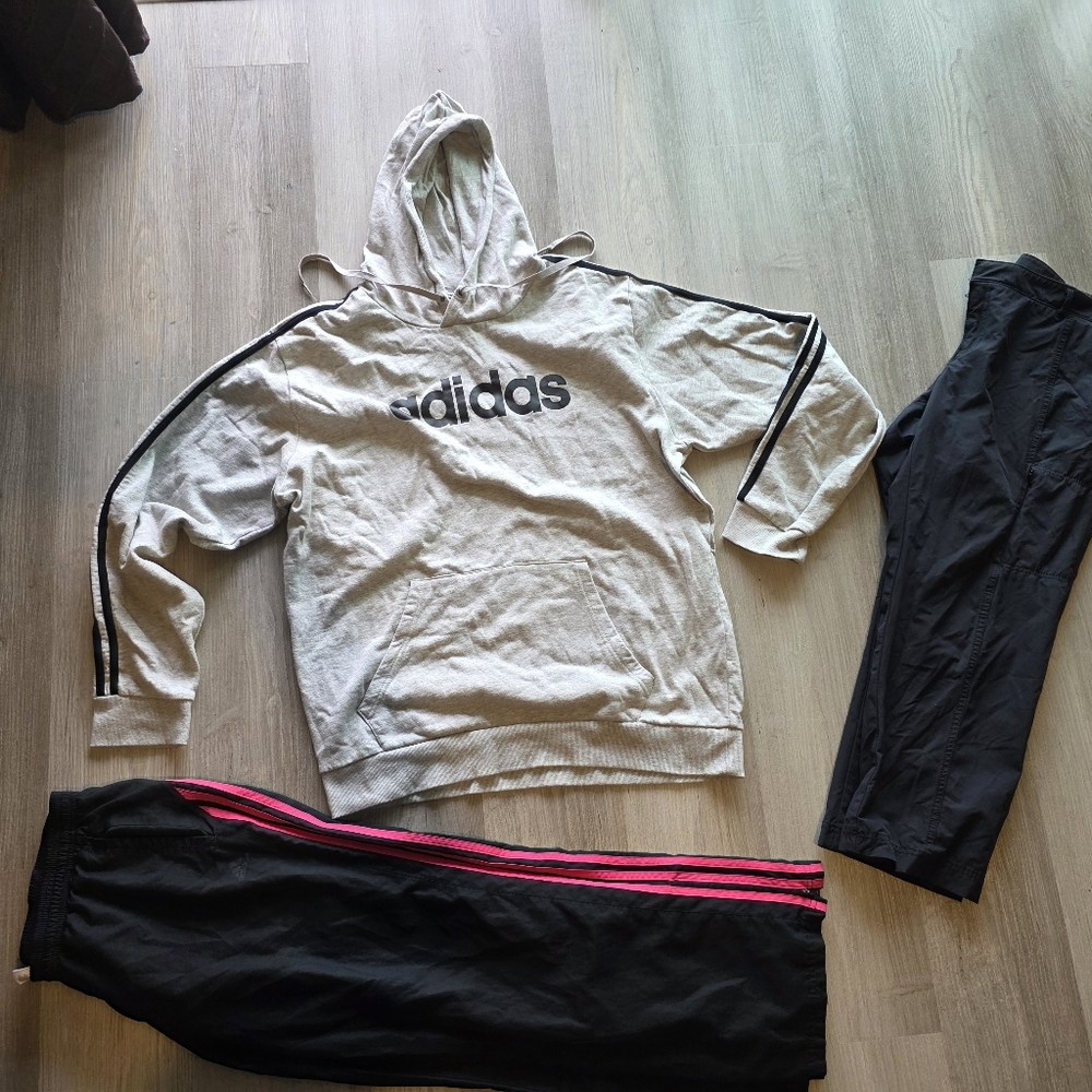 Adidas Light Gray Hoodie and Black Track Pants